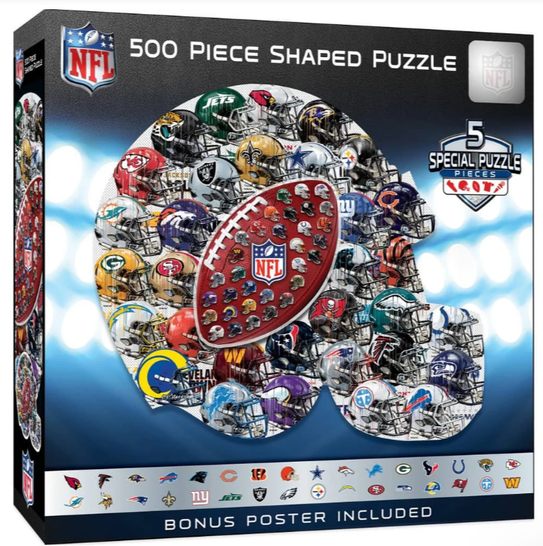NFL Football Teams Helmets Drip Art with Football 500 Pc Shaped