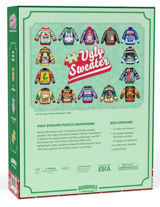 Ugly Sweater Christmas Puzzle Countdown, 15 Sweater Shaped Puzzles, 1500 Total Pieces